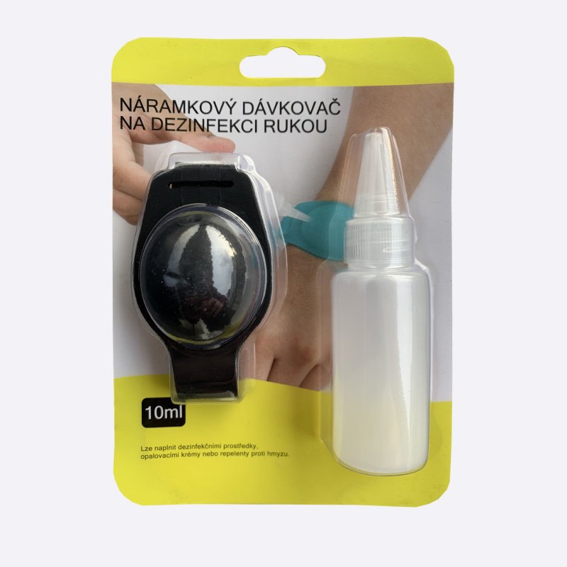 Čierny náramkový dávkovač na dezinfekciu balenie
