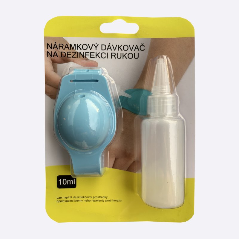 Modrý náramkový dávkovač na dezinfekciu balenie