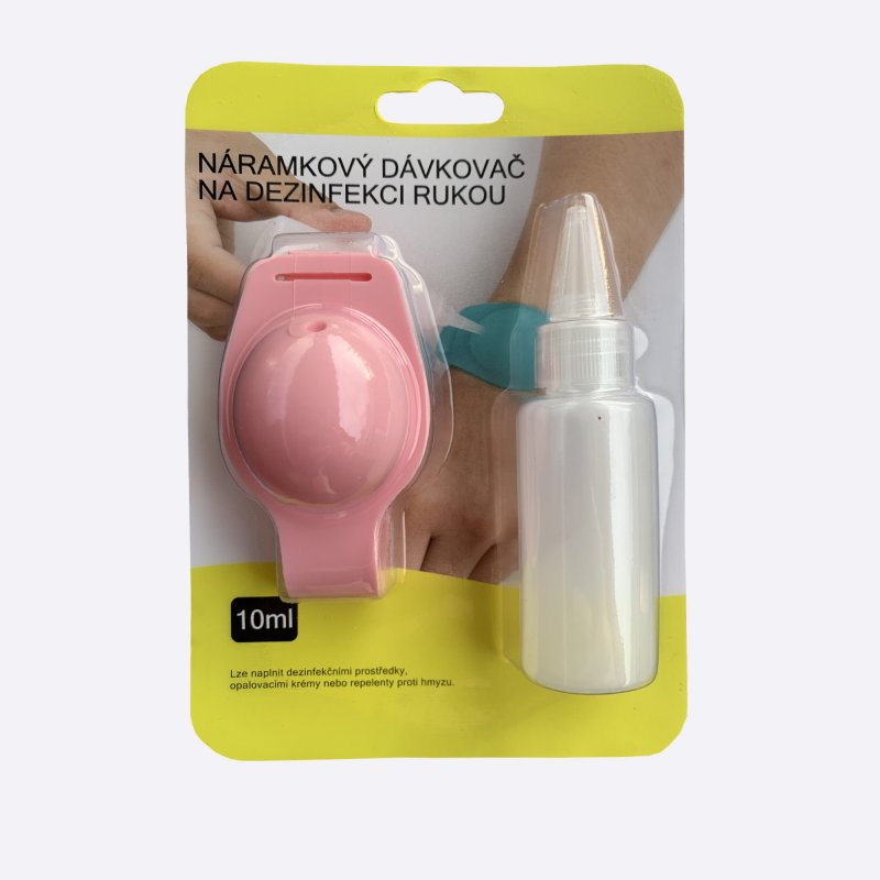 Ružový náramkový dávkovač na dezinfekciu balenie